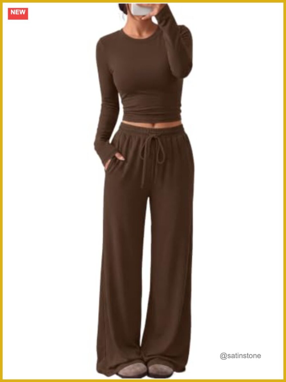 Women's 2 Piece Lounge Set Long Sleeve Top Wide Leg Pants Pockets